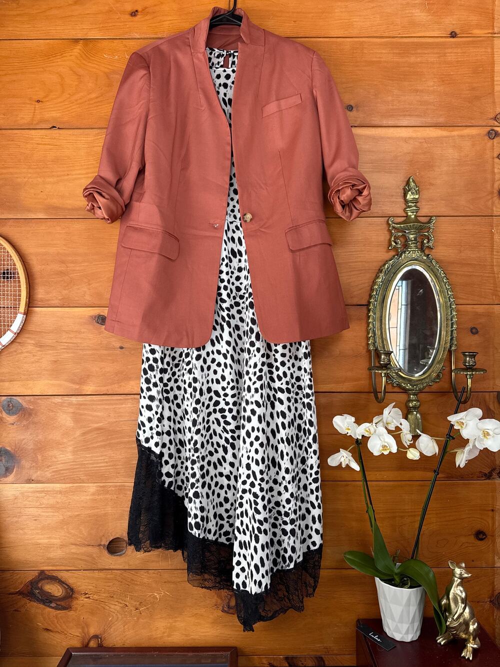 Lost Ink Leopard Print Midi Dress & Single Breasted Blazer Black White Bundle 2X